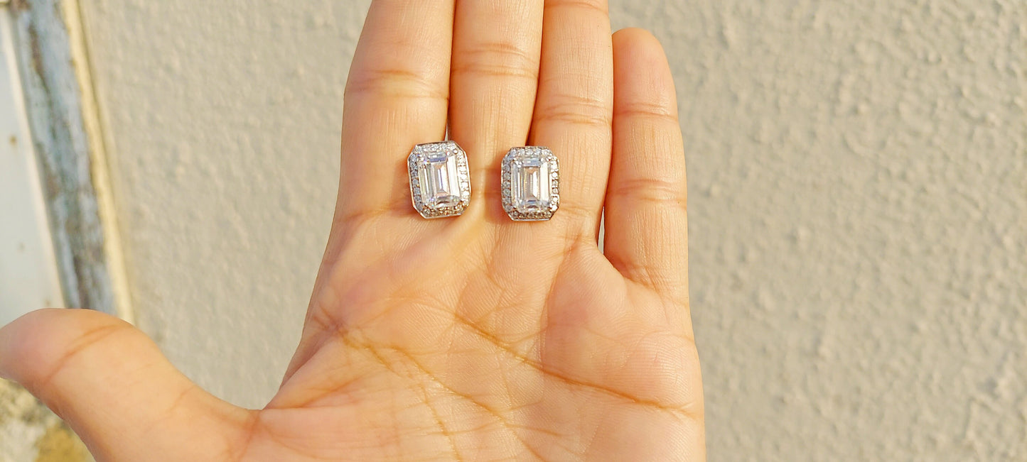 Emerald Cut Solitaire Moissanite Halo Stud Earrings,Moissanite Wedding Earrings,Push\Push Back Earrings,Anniversary Mother's Day Gift