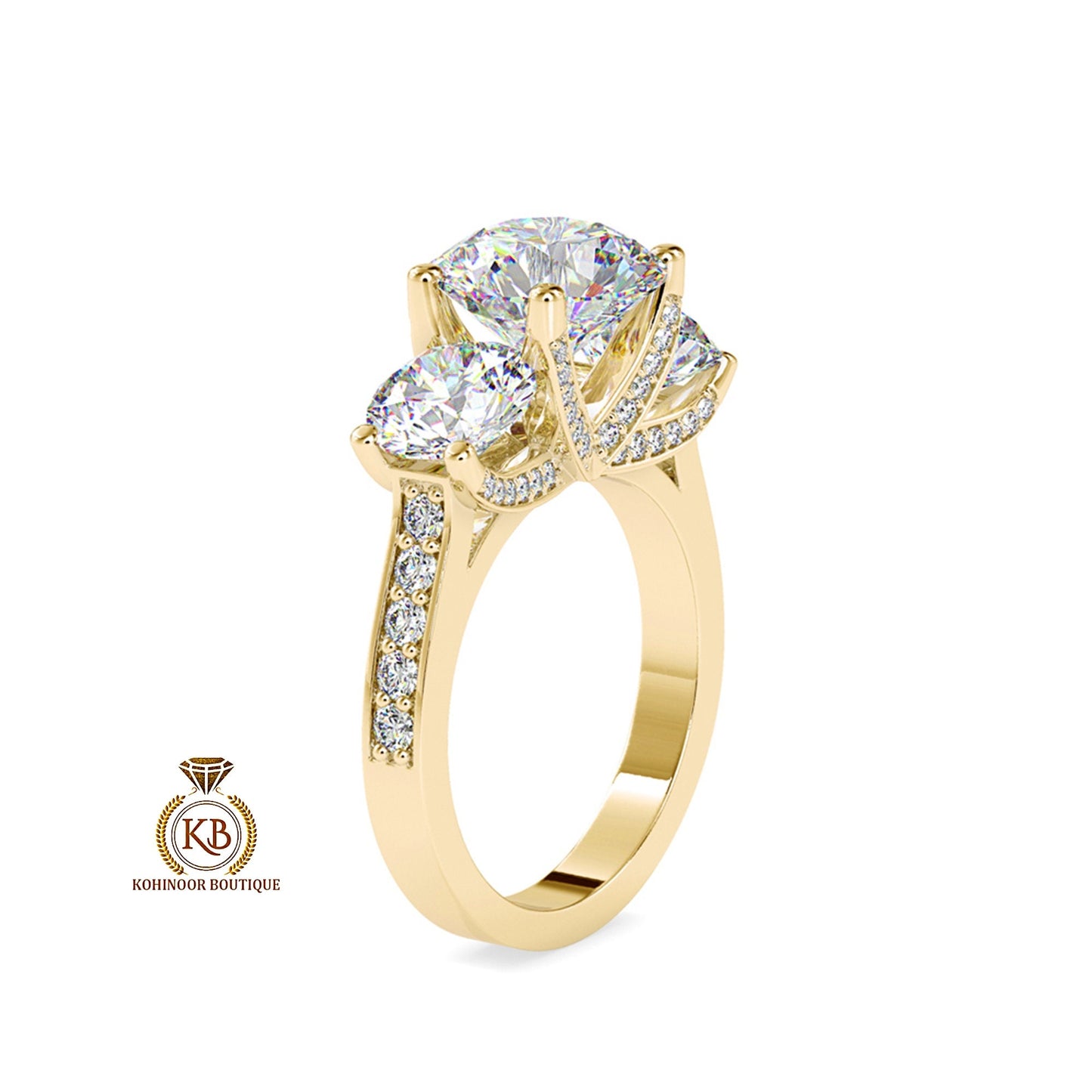 Round Cut 3 stone trellis set with side and front pave Moissanite Engagement ring, ring for women, high profile cathedral set ring