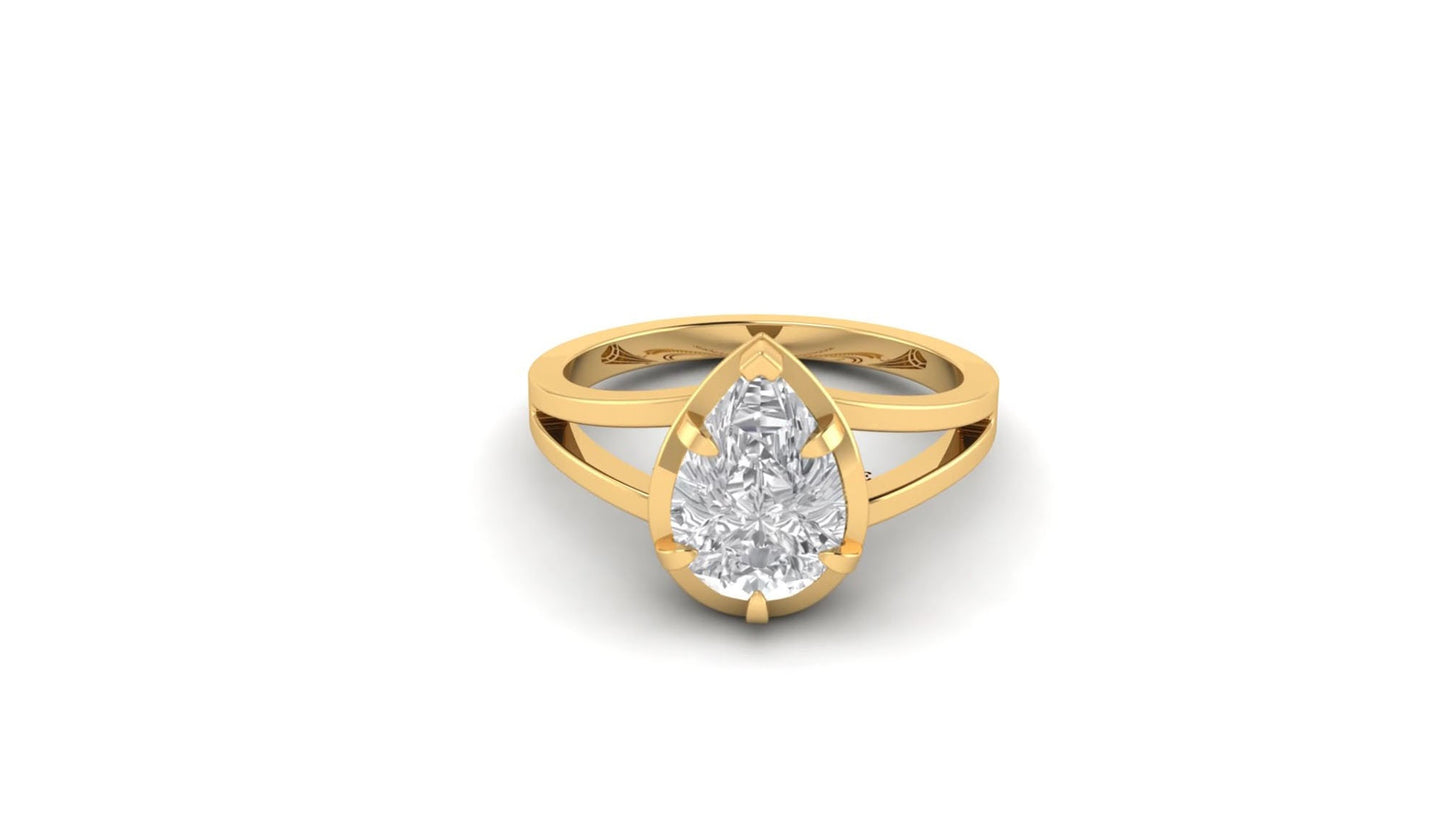 Pear-shaped Georgian cut down Collet set Split shank Moissanite Solitaire Engagement ring, low-set on the finger, low-set on the finger.