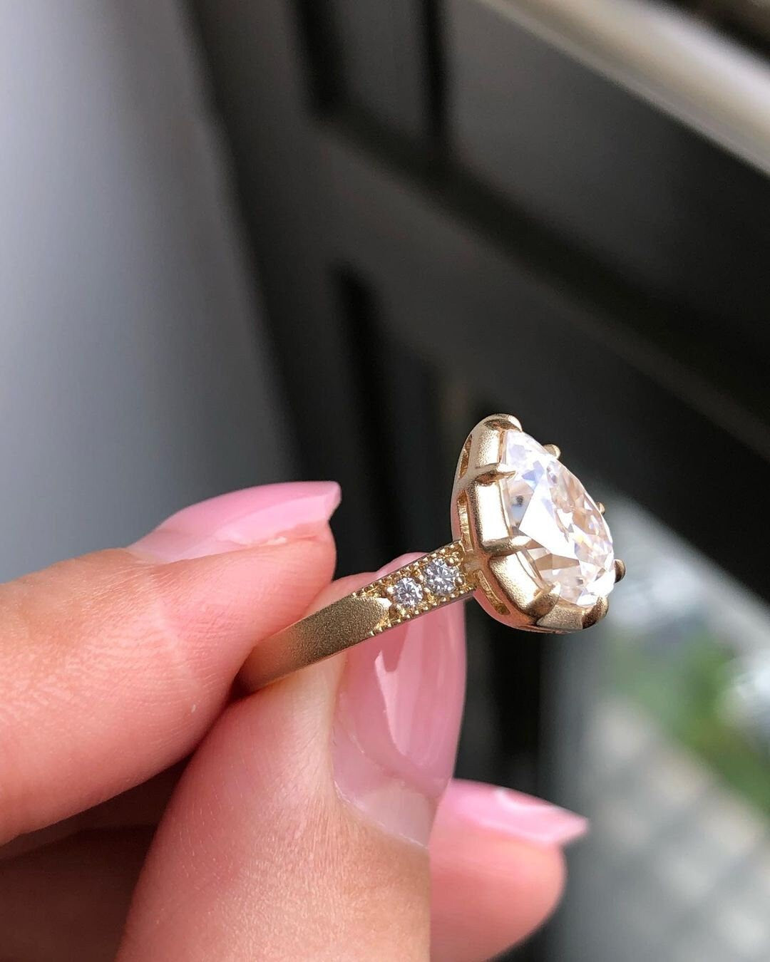 Pear Georgian Cut Down Moissanite Solitaire Engagement Ring, also available in button back setting
