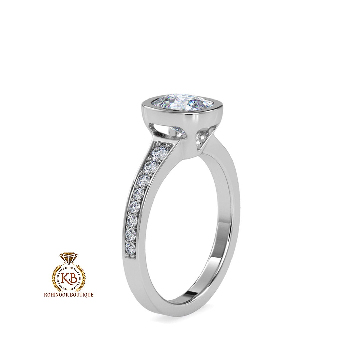 Elongated Cushion Cut Bezel Set Classic Solitaire with open gallery and side pave Moissanite Engagement ring. Ring for her, ring for women.