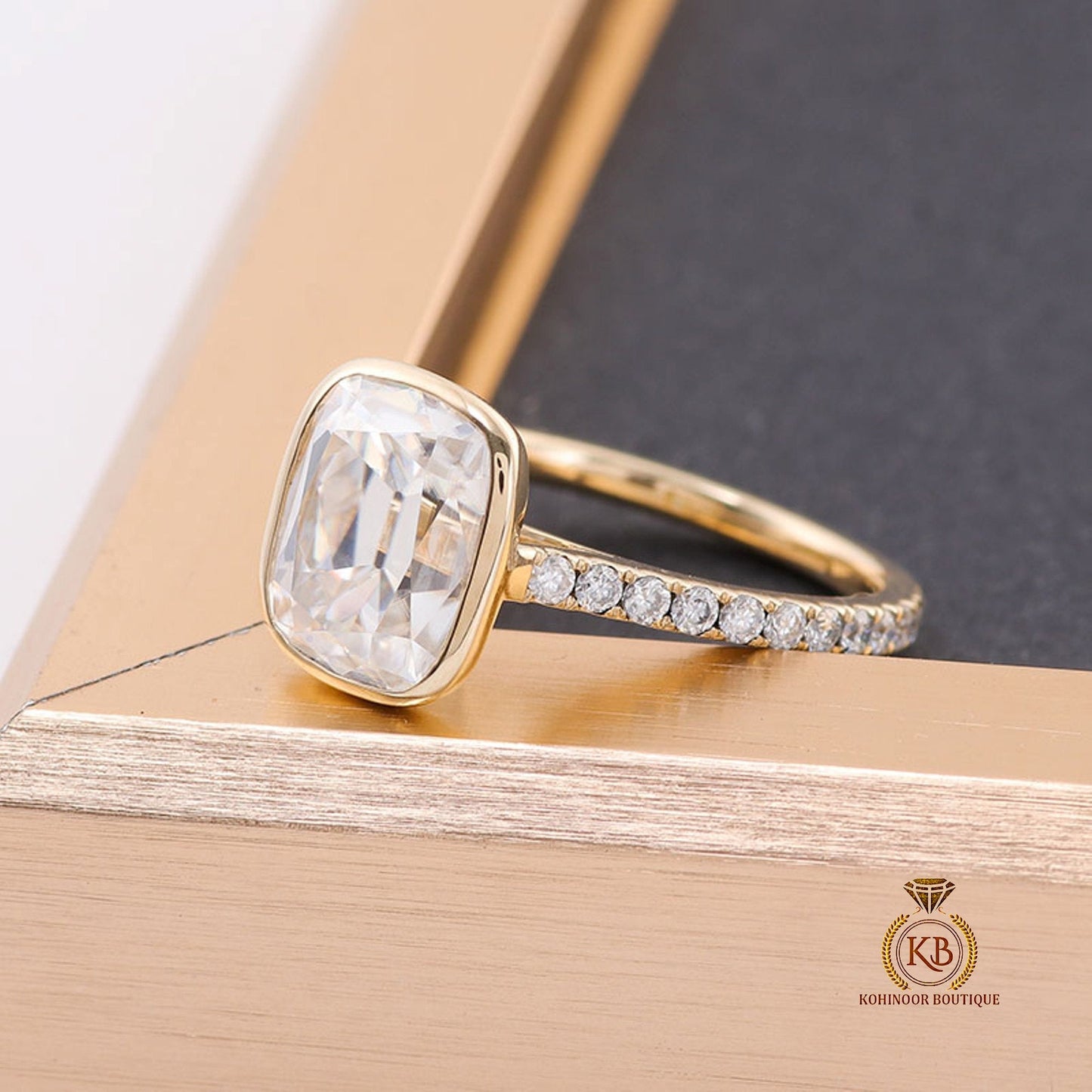 Old Mine Cut OMC Elongated Cushion Cut Bezel Cathedral set with side pave Moissanite Engagement Ring, Antique Bezel Set ring.