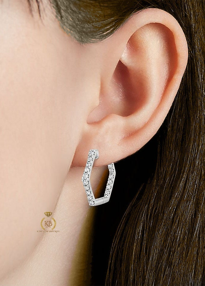 Pave Moissanite Inside Out Hexagon Hoops Geometric Huggie available in Silver, 18k\14k\10k White\Yellow\Rose Gold and Platinum