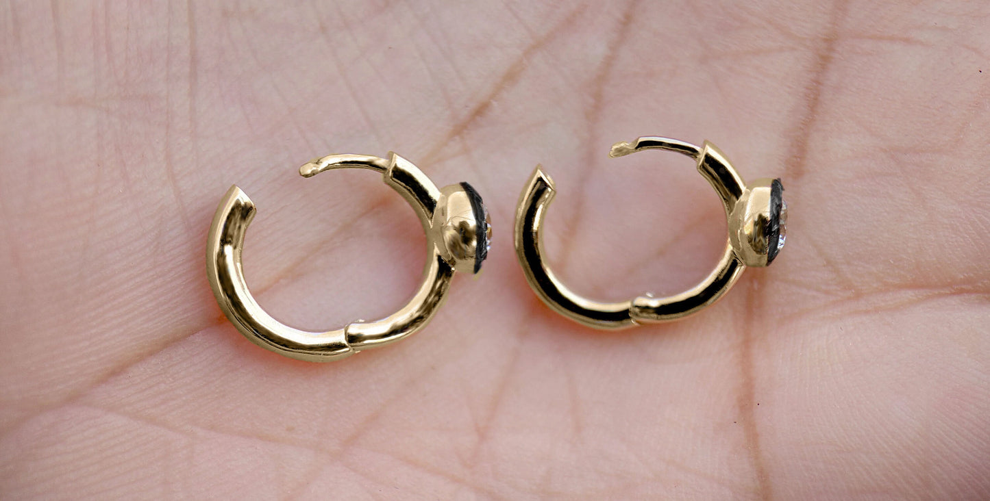 Georgian Victorian Style Moissanite Hoops, Georgian cut down Button back huggie, Blackened Gold Stud Earrings, Wedding Earring.