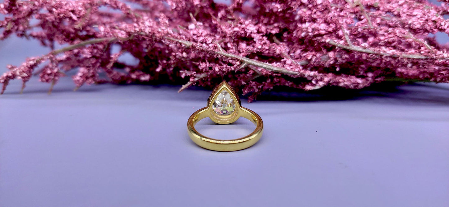 Ready to ship Old Mine Cut Pear Moissanite Collet set Ring US 6 size, =Georgian cut down set in silver with gold polish and blackened gold