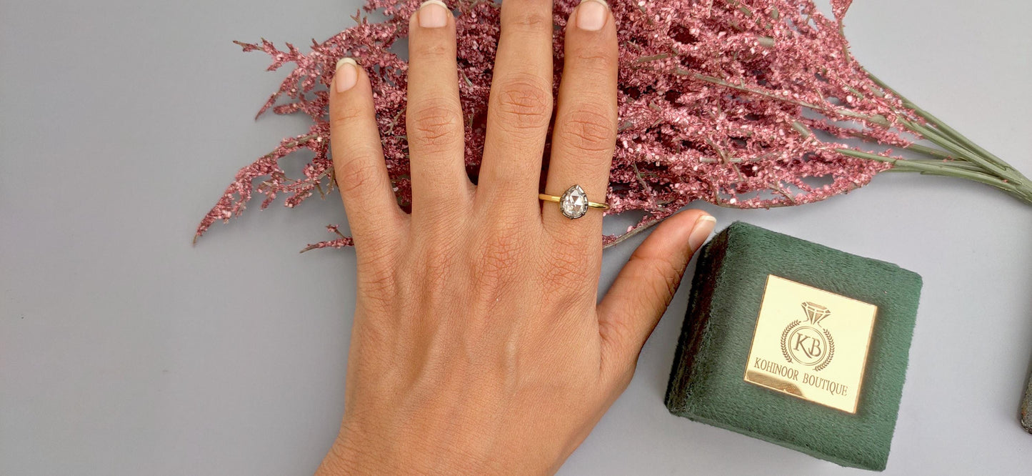 Rose Cut Pear Moissanite Collet set Ring, Georgian cut down set art deco ring, Gift Ring for her, Edwardian ring, Blackened gold ring