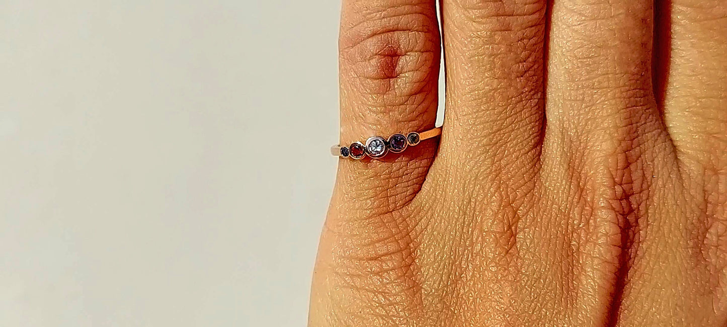 Five gemstone band with center moissanite stone, Promise or Wedding ring alternative, 5 stone Anniversary Band, Minimalist Stackable band