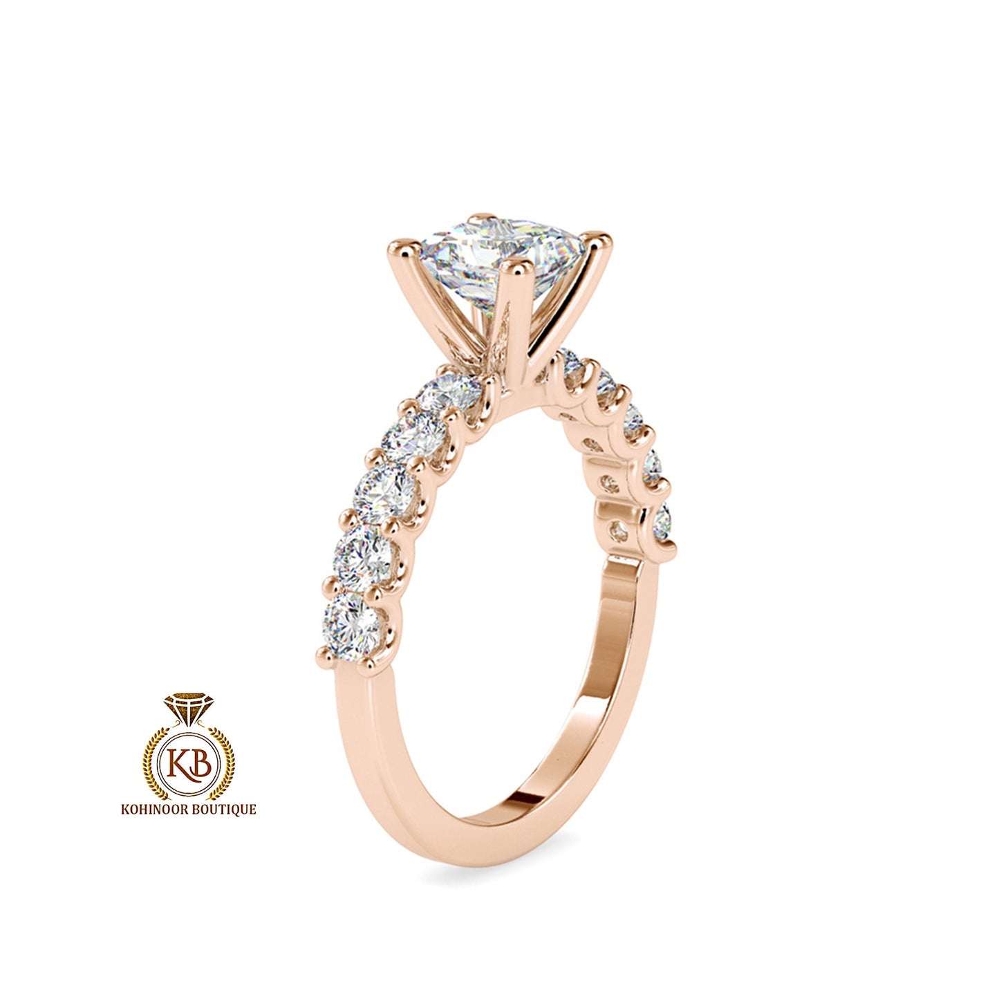 Princess Cut Solitaire with side U pave Band Moissanite Engagement ring, ring for her, gift for her