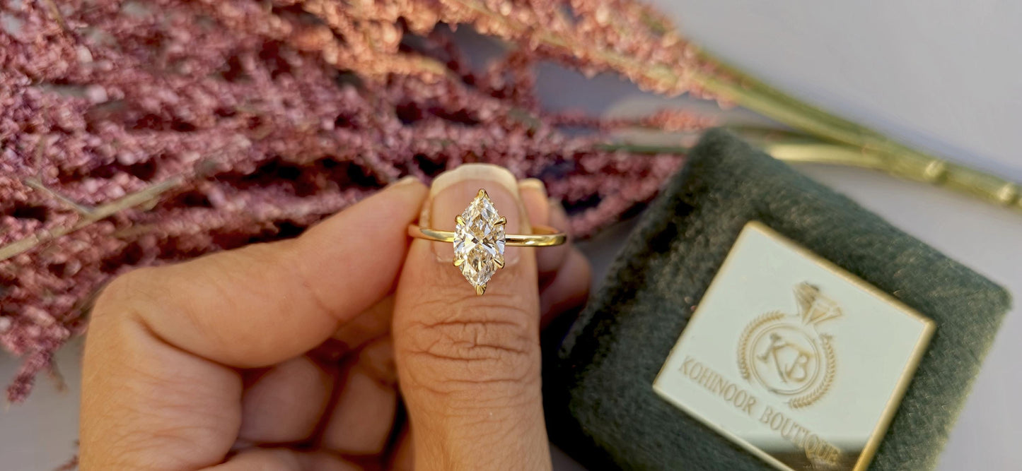 Marquise Cut Hidden Halo Tulip floral basket, IGI certified Lab grown diamond Engagement Ring, Anniversary gift for wife, Ring for women