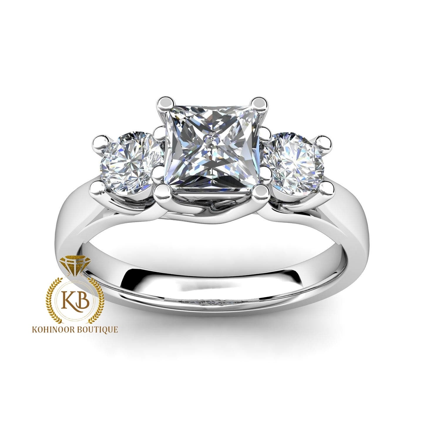 Trellis Set Princess cut and Round Moissanite Trilogy 3 stone engagement ring in 10k\14k\18k White\Rose\Yellow Gold