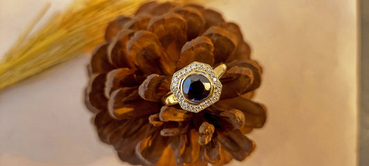 Lab Blue Sapphire with Moissanite Halo Engagement Ring, Proposal Ring, Ring for Mother, Anniversary Gift for wife