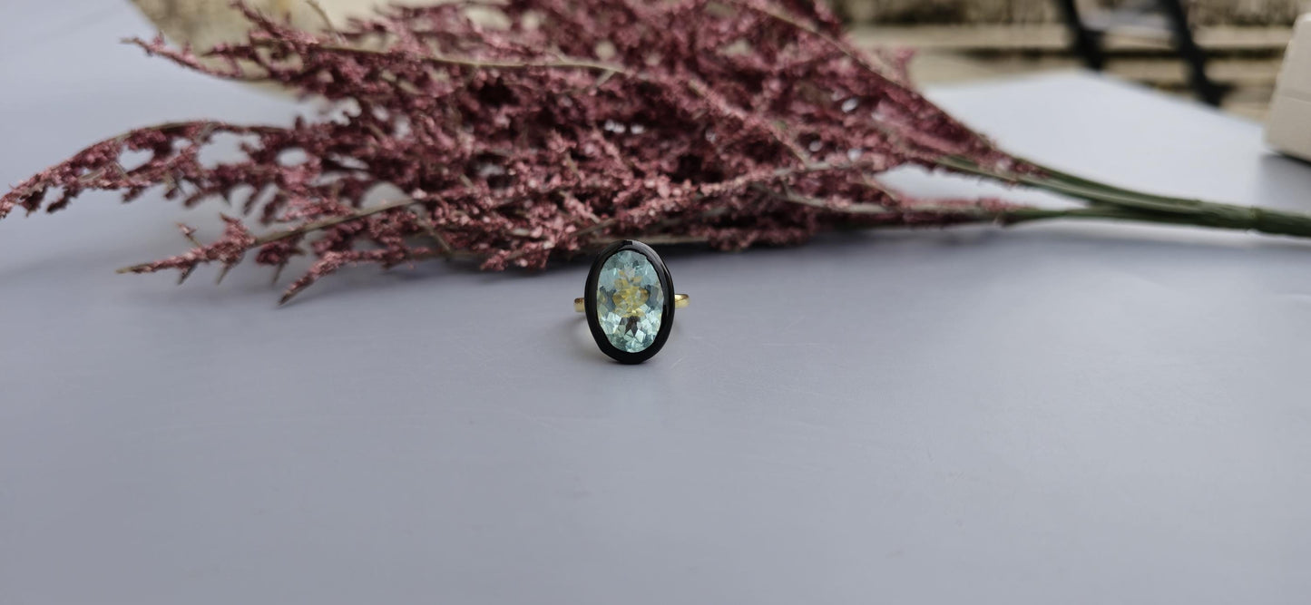 Natural Aquamarine ring with black enamel, Ring for her, party wear ring, statement ring, right hand ring, gift for mother, ring for her