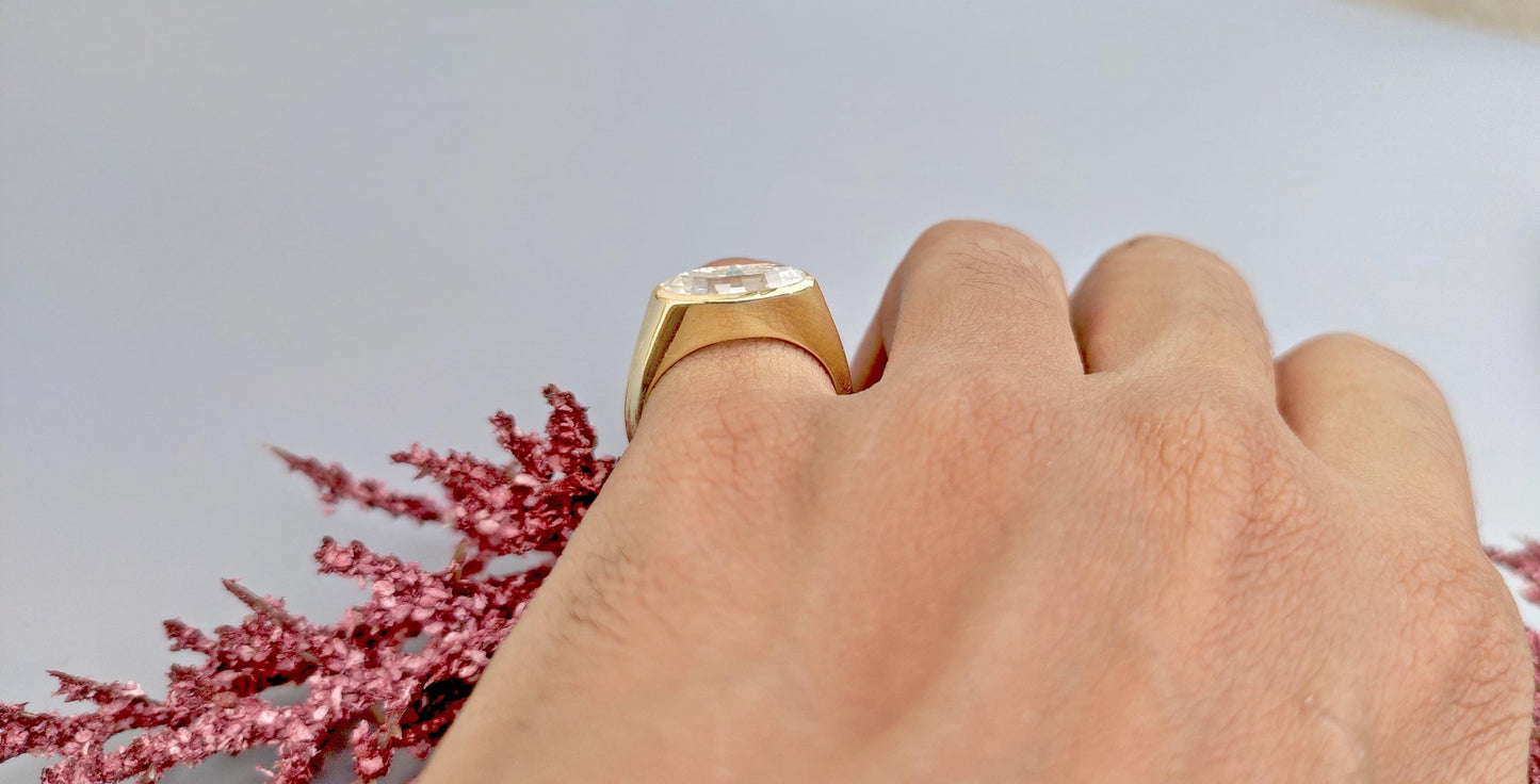 Elongated Step cut Moval Cut Moissanite Signet style ring, engagement ring ,Ring for women, ring for her, pinky finger right hand ring.