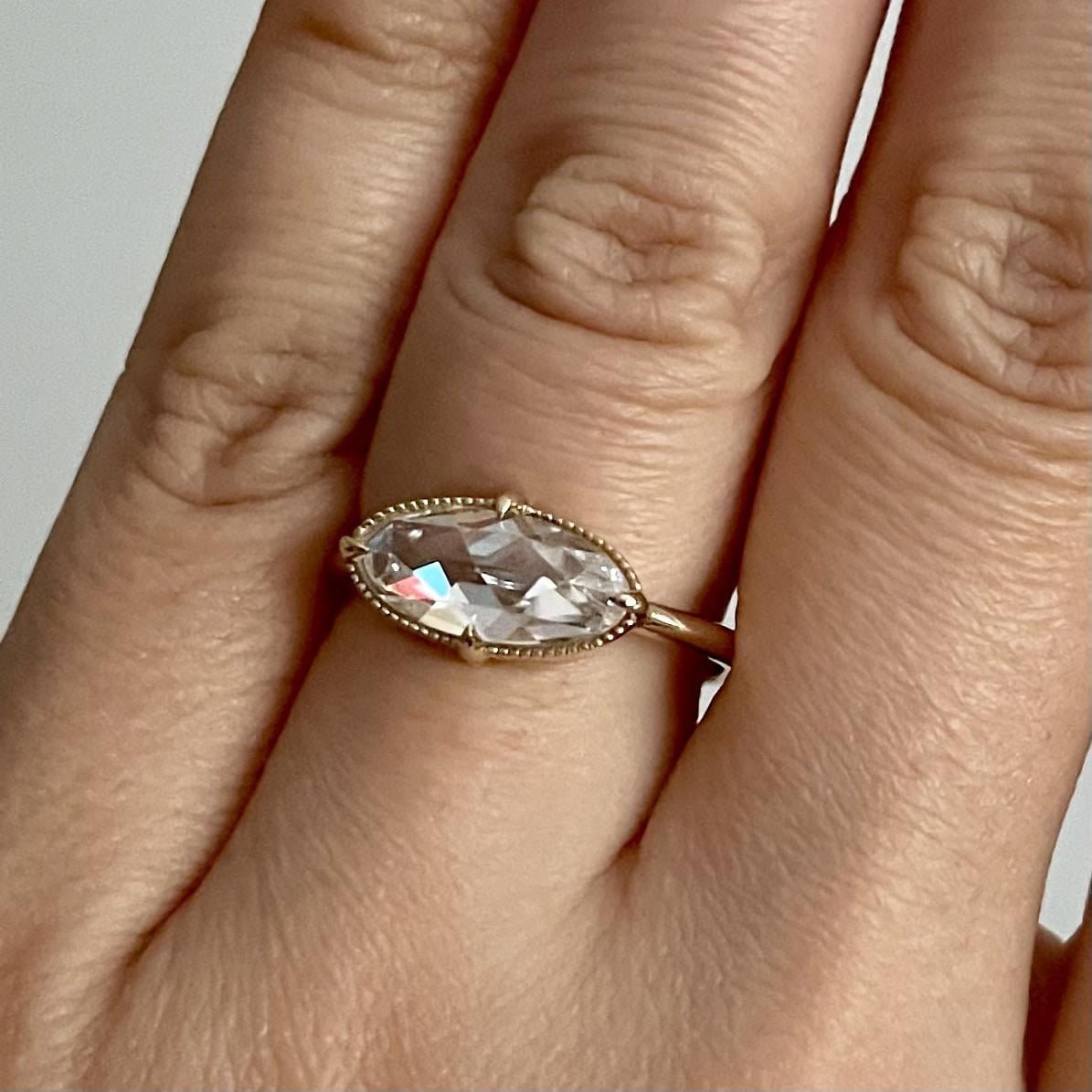 Rose cut Oval\Moval cut East West Set Moissanite Solitaire Engagement Ring, Promise\Proposal Ring with 18k\14k\10k White\Yellow\Rose Gold