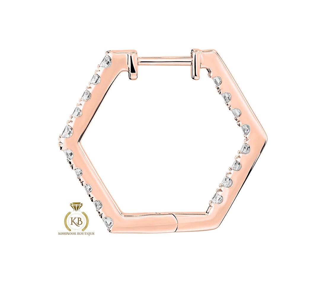 Pave Moissanite Inside Out Hexagon Hoops Geometric Huggie available in Silver, 18k\14k\10k White\Yellow\Rose Gold and Platinum