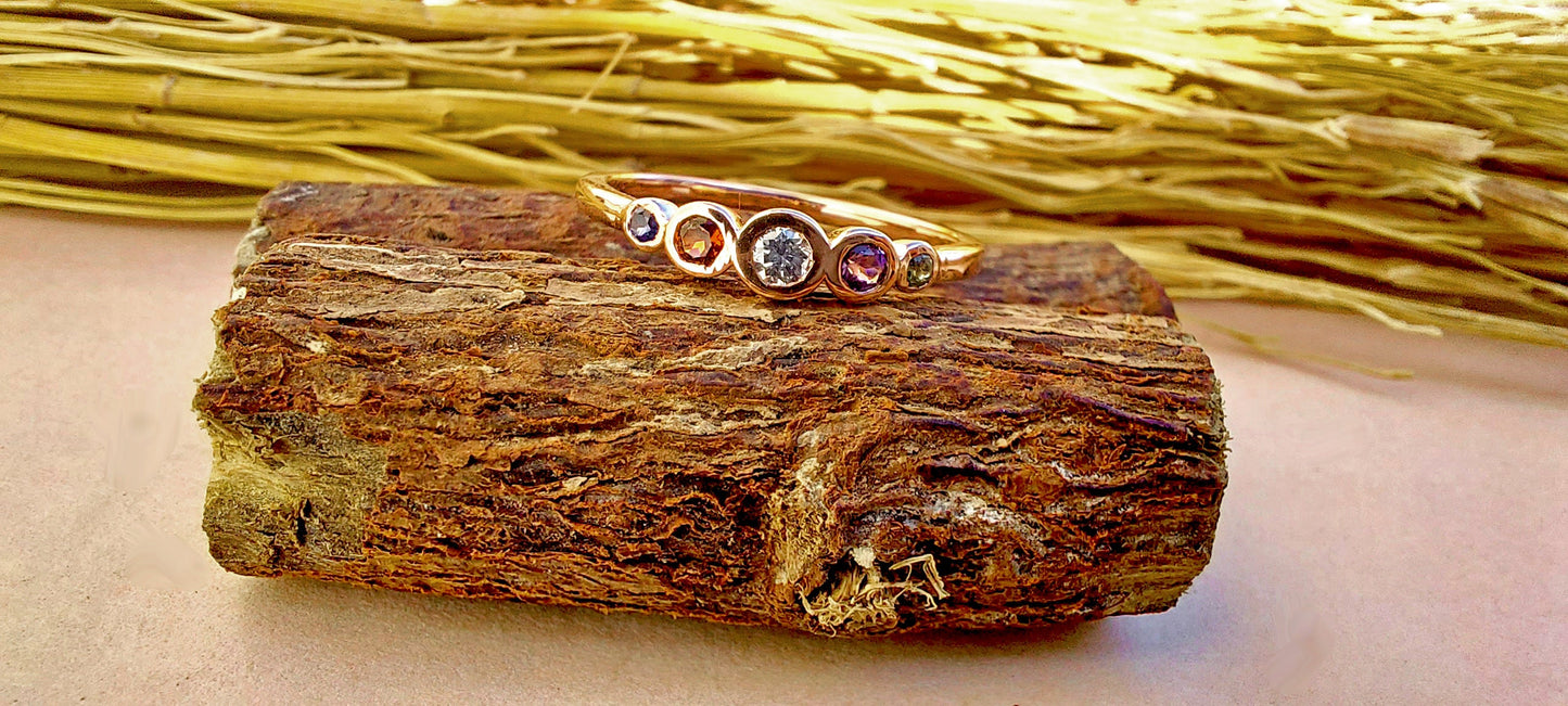 Five gemstone band with center moissanite stone, Promise or Wedding ring alternative, 5 stone Anniversary Band, Minimalist Stackable band