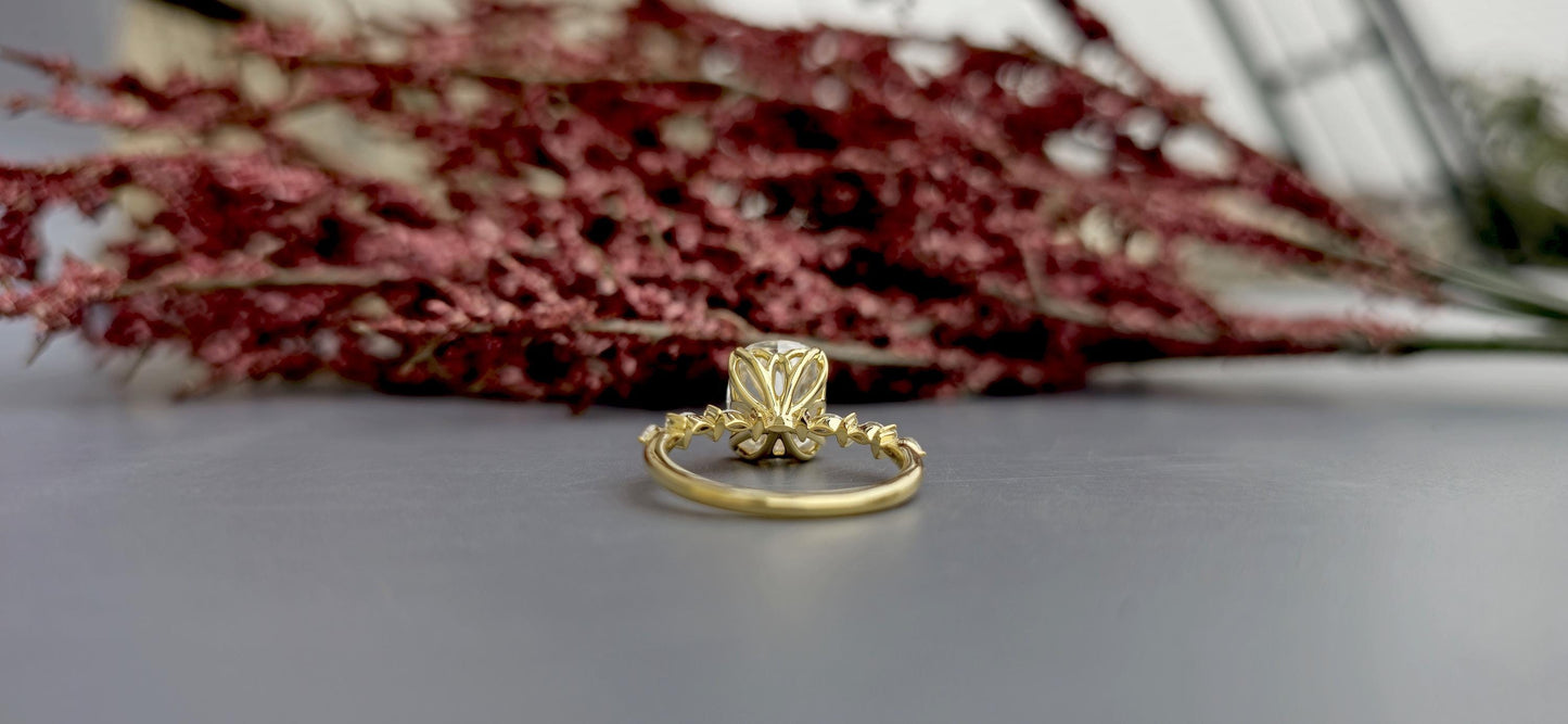 Elongated Cushion Cut Moissanite Tulip basket set with side marquise pave on band Engagement Ring, Proposal ring, ring gift for her