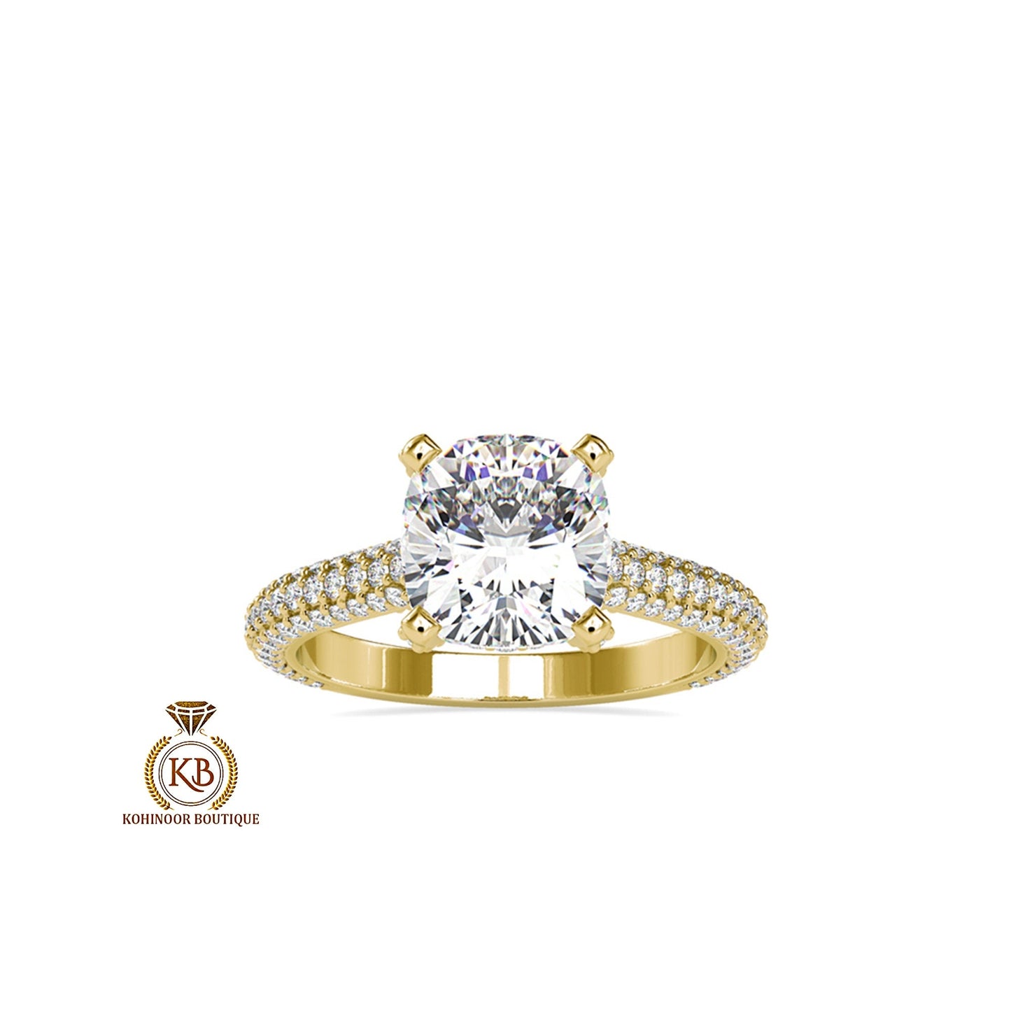 Cathedral Set Cushion Cut Moissanite with Pave Basket ,Under Halo and 3 side pave band Engagement ring, ring for women,High profile set ring