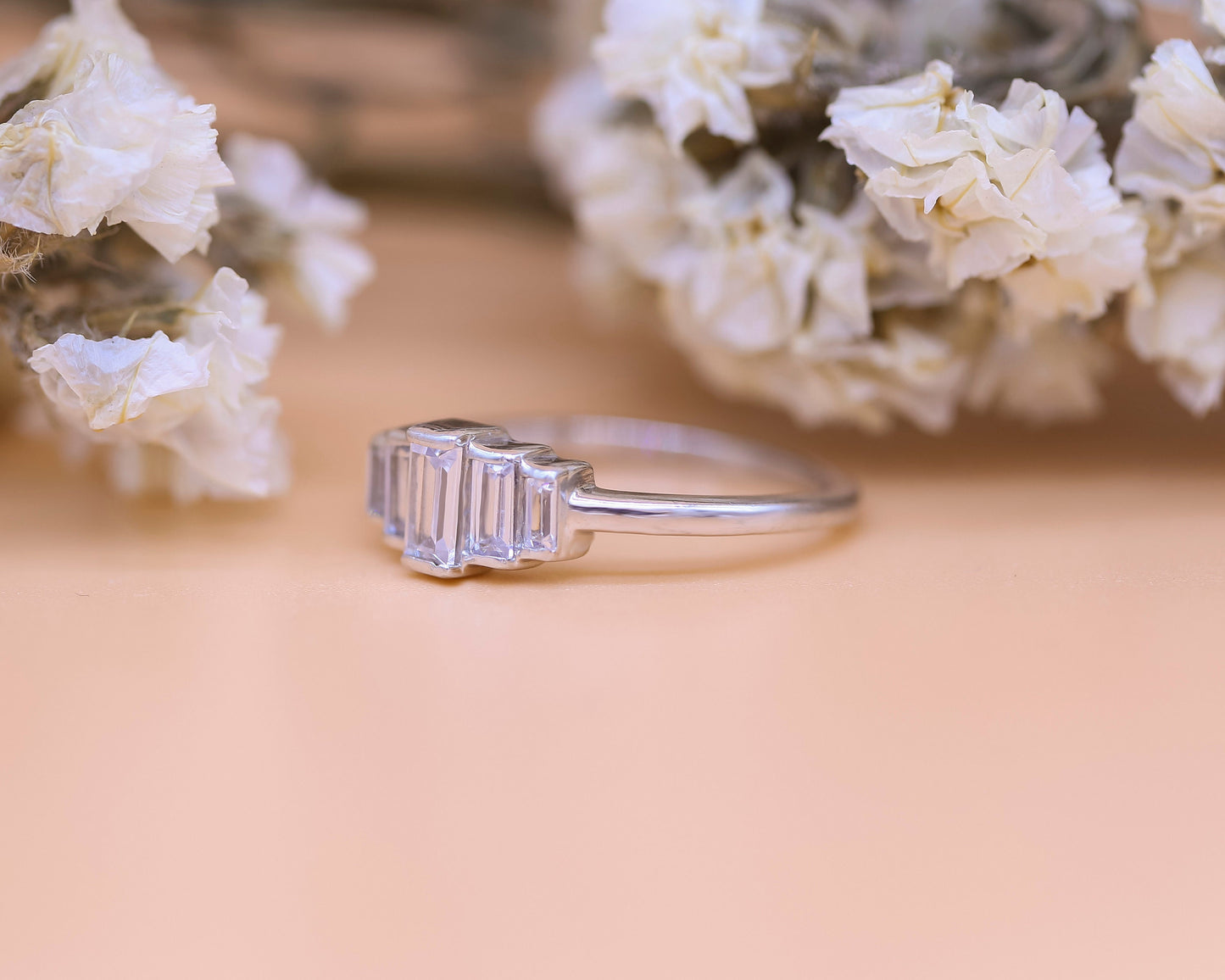 5 Graduating half bezel set Baguette Moissanite anniversary ring, 5 stone engagement ring, ring for her, gift for women.