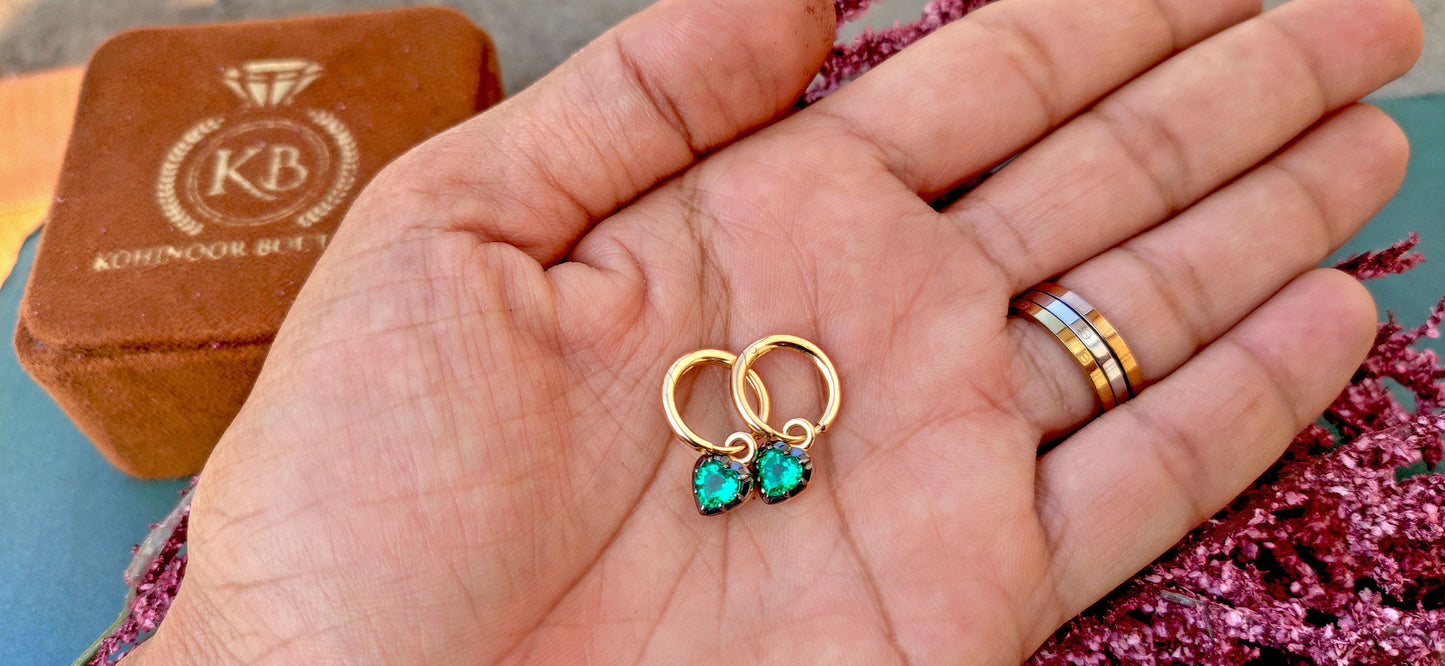 Heart Shaped Emerald button back Georgian cut down Gypset, Emerald Hoops, statement earring, blackened gold earrings.