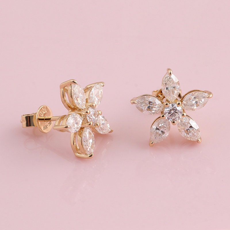 Marquise Cut Flower Petal Moissanite Stud Earrings, Moissanite Wedding Earrings, Push Back Earrings, Anniversary Gift, Mother's Day Gift