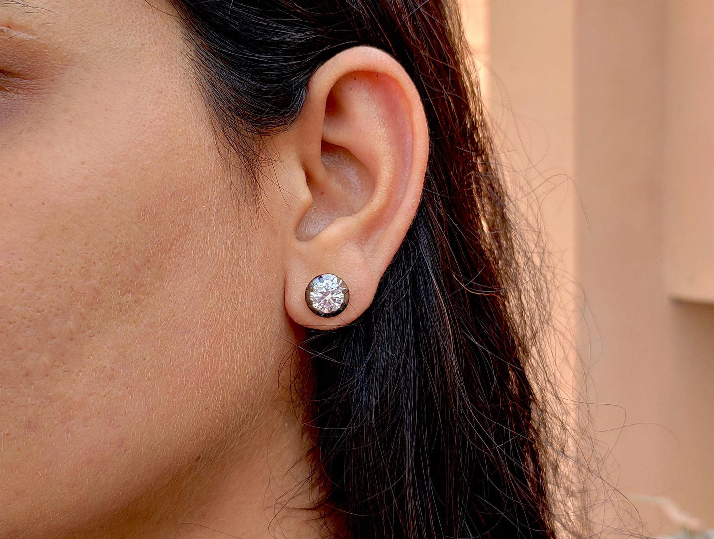 Round Moissanite button back Georgian cut down studs, statement earring, blackened gold earrings, studs earrings for women