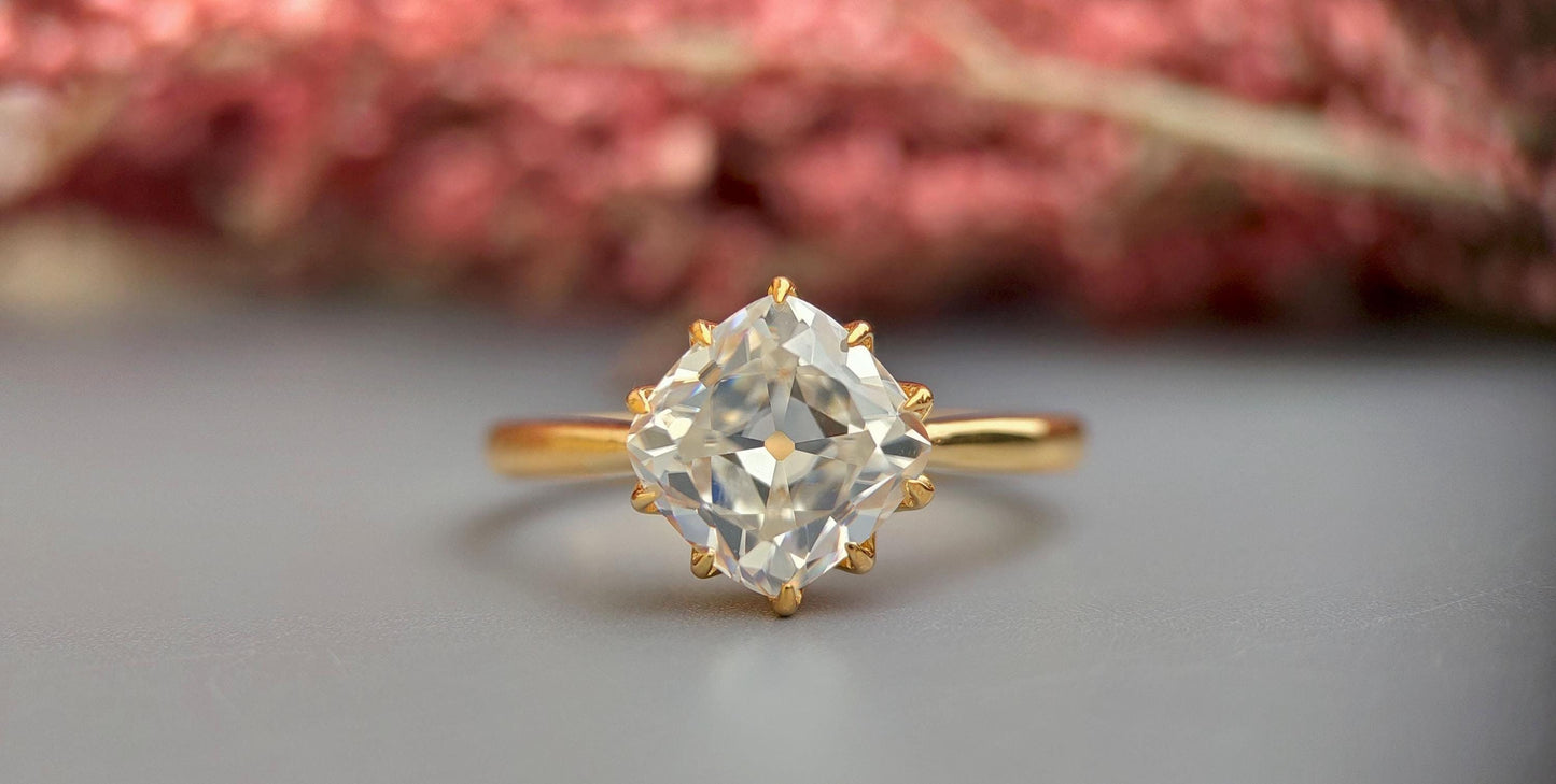 Old Mine Cut OMC Kite set Cushion Moissanite Solitaire Engagement Ring, Ring for her, Vintage ring for women, right hand ring