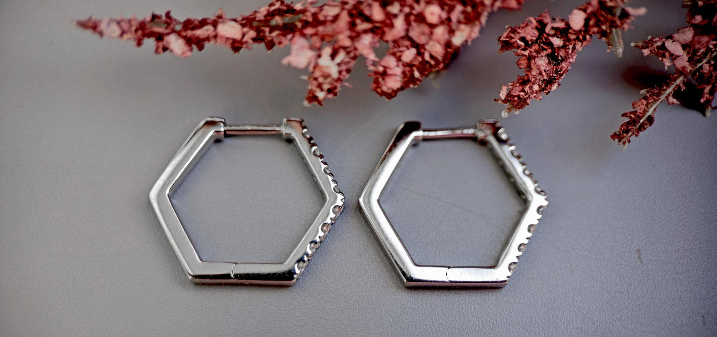 Pavé Hexagon Moissanite Hoops earrings, Statement earrings available in Silver, 18k\14k\10k White\Yellow\Rose Gold and Platinum