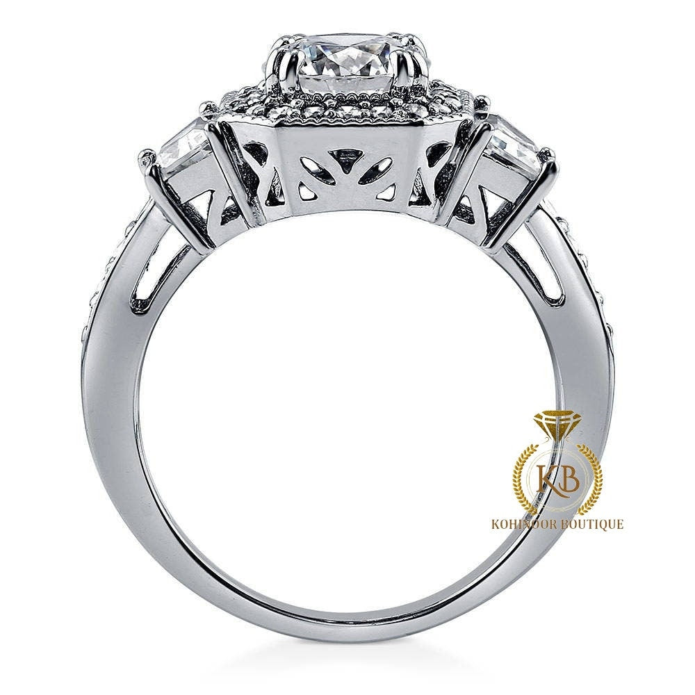 Round & Trapezoid  Halo 3 stone with side pave Moissanite Engagement Ring, rings for women, statement ring.