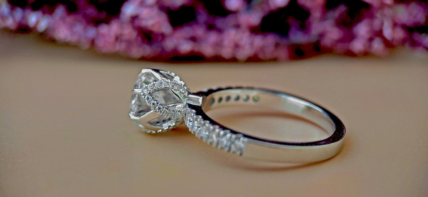 Tulip Pave basket Round  with French Pave Band Moissanite Solitaire Engagement Ring, Lotus Prong with flower basket Promise\proposal Ring.