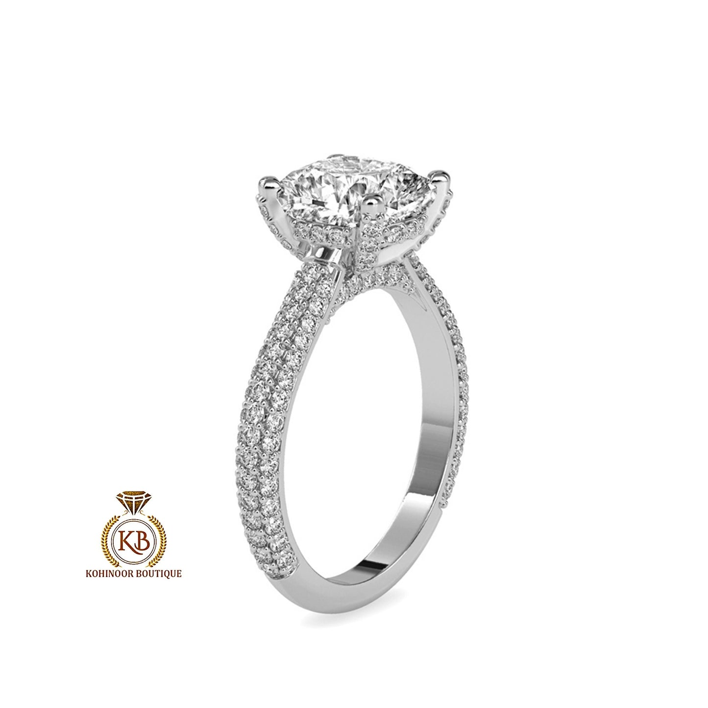 Cathedral Set Cushion Cut Moissanite with Pave Basket ,Under Halo and 3 side pave band Engagement ring, ring for women,High profile set ring