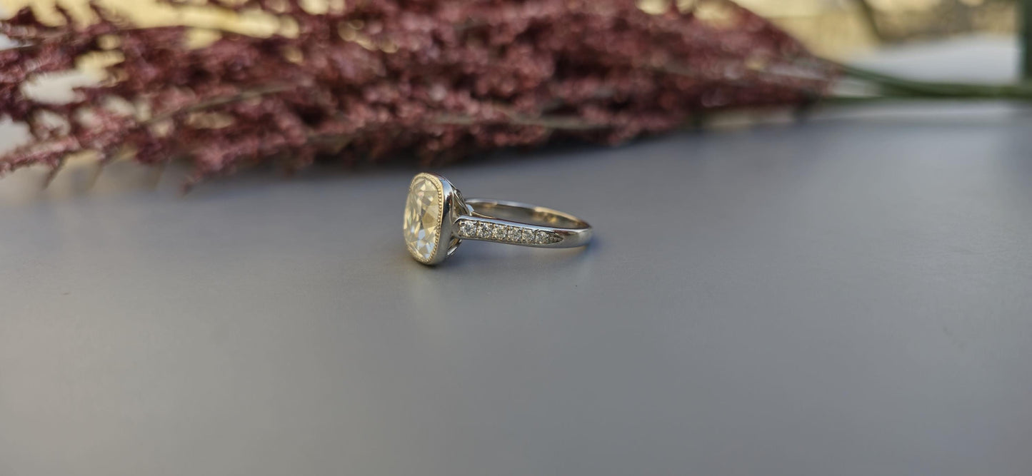 Elongated Old Mine Cushion Cut Bezel set Moissanite Engagement Ring, Tulip Flower basket Vintage Ring