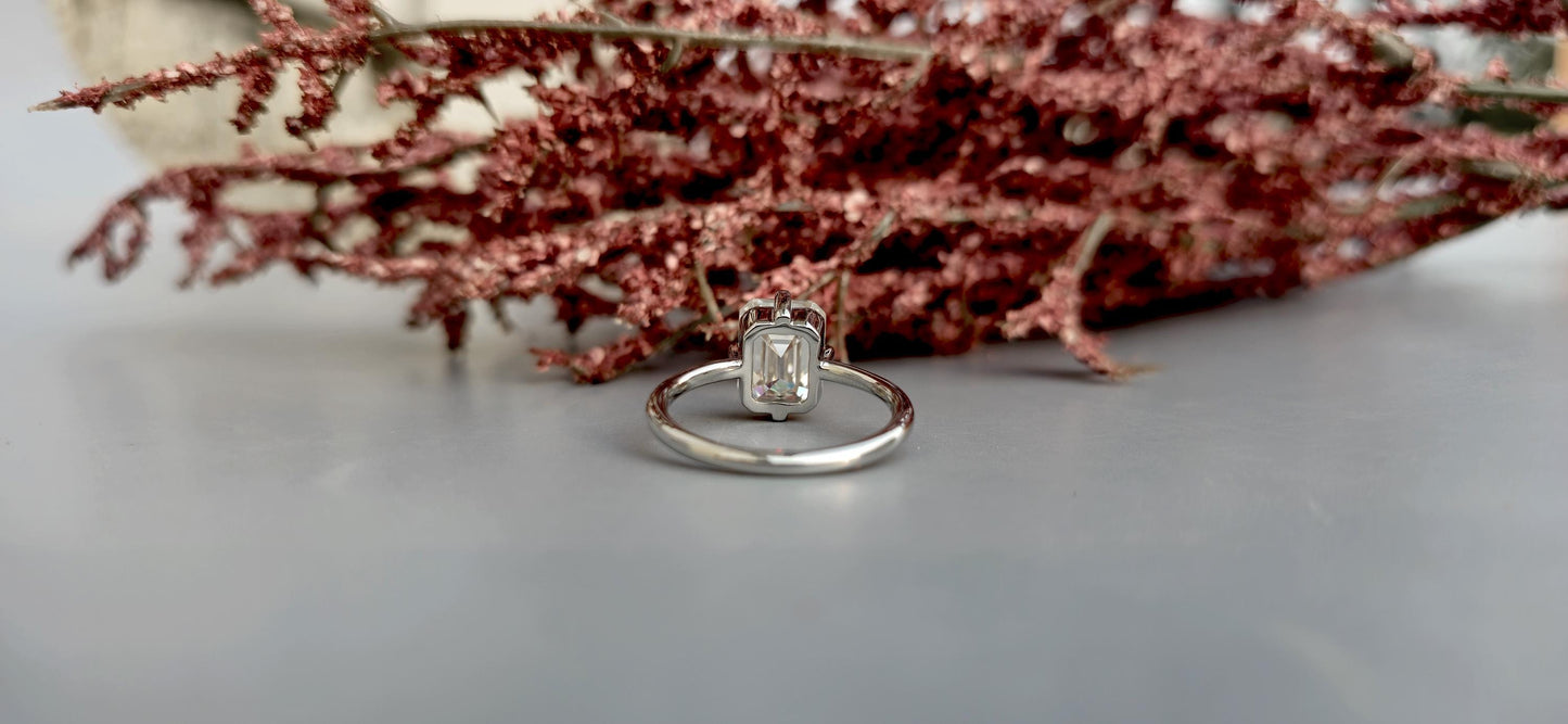 Emerald cut Moissanite Compass prong Basket set solitaire Engagement Ring for women, promise Proposal Ring, ring for her, gift for women