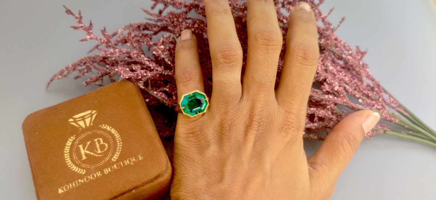 Lab Emerald Georgian cut down Compass prongs set Knife edge Signet Solitaire pinky finger ring in matt\Glossy finish, Ring for her\Women