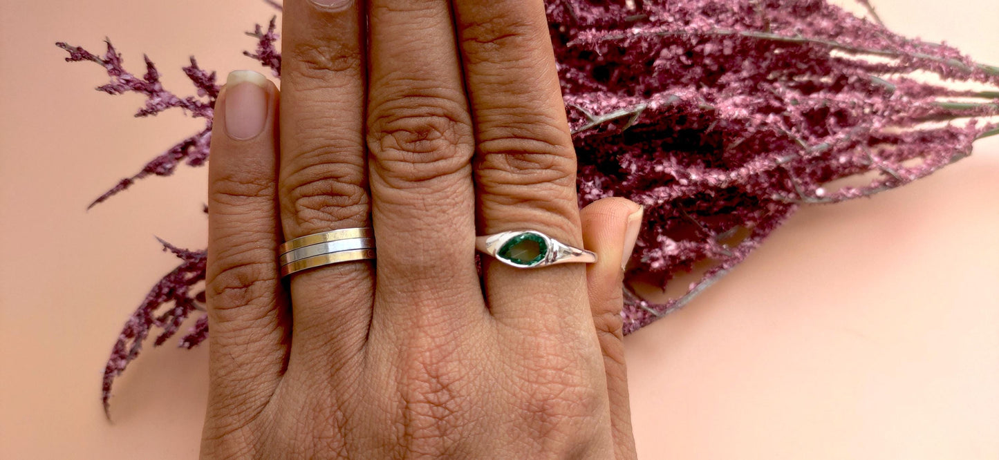 Green Rose Cut Pear Moissanite Signet ring, Gypsy Flush Set engagement proposal ring, Ring for her, low profile set ring, Ring for women