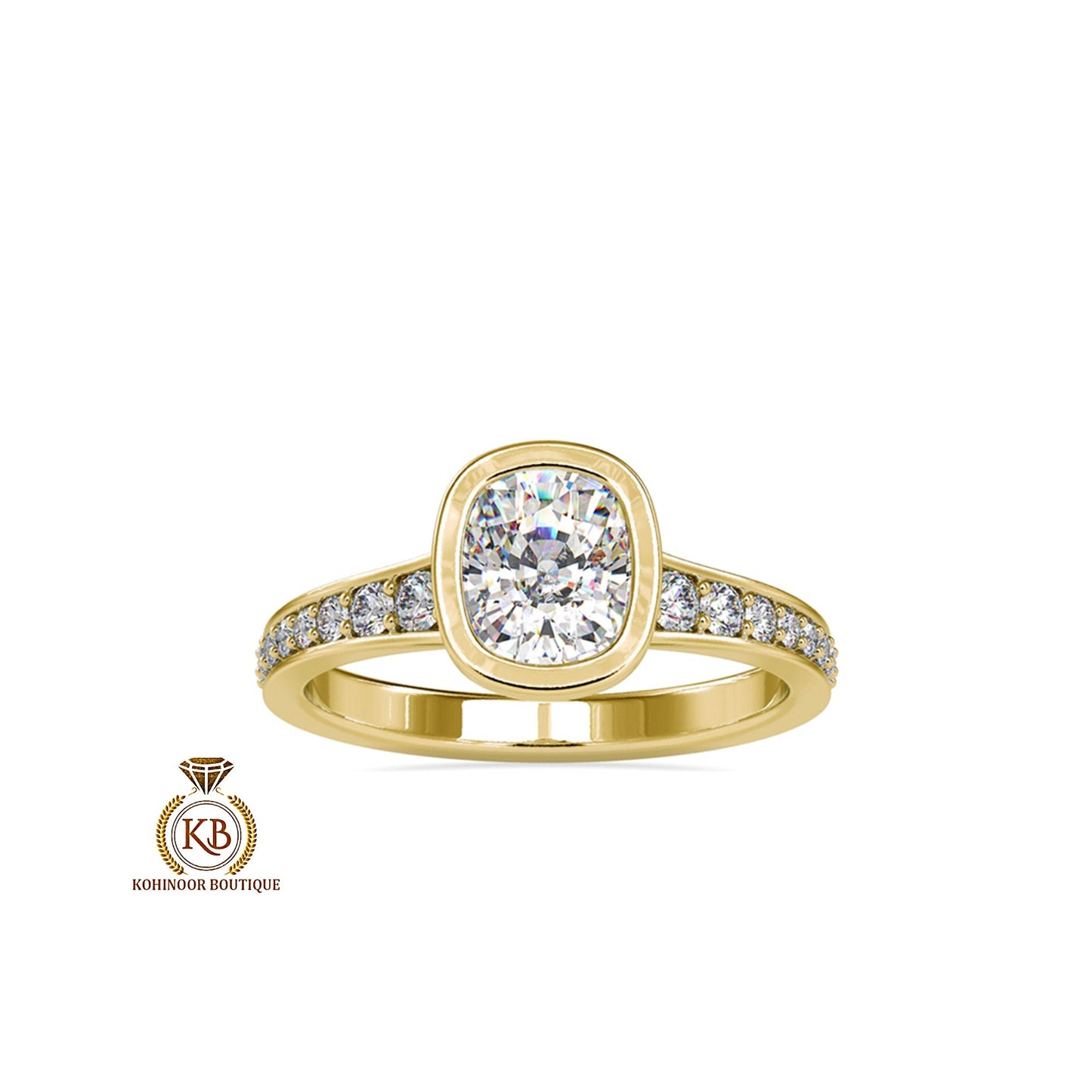 Elongated Cushion Cut Bezel Set Classic Solitaire with open gallery and side pave Moissanite Engagement ring. Ring for her, ring for women.