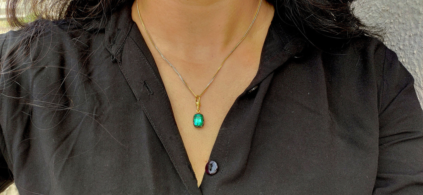 Elongated Old mine cut Cushion Cut Columbian Lab Emerald Pendant,Collet set Georgian cut down set Pendant, Wedding Pendant, Anniversary Gift