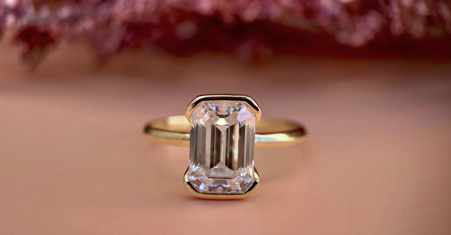 Half Bezel Set Emerald Moissanite Solitaire ring with Knife edge band, Engagement ring for her, ring for women.