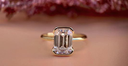 Half Bezel Set Emerald Moissanite Solitaire ring with Knife edge band, Engagement ring for her, ring for women.