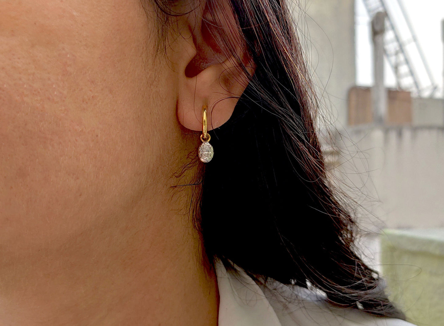 Oval Moissanite button back Georgian cut down Gypset huggie, removable hoops, statement earring, blackened gold earrings.