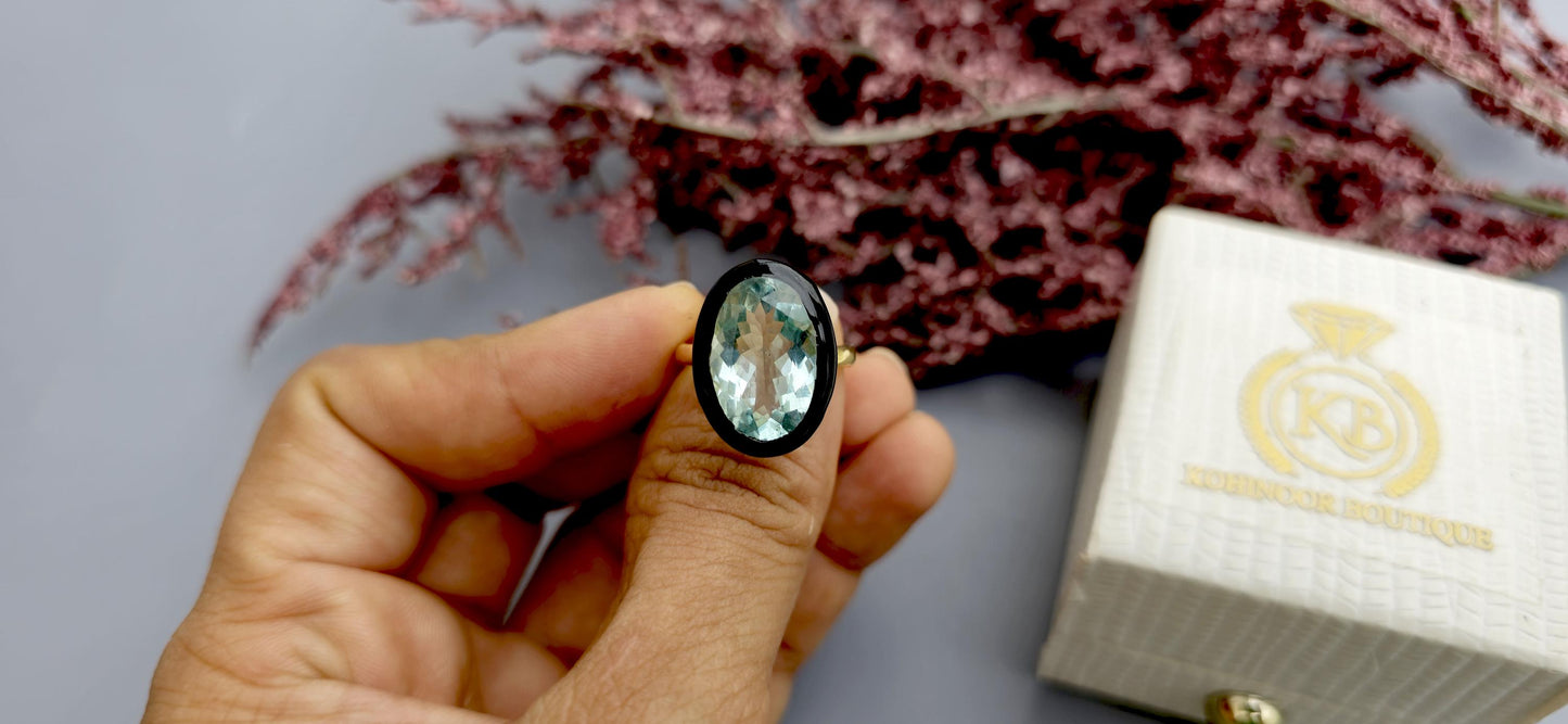 Natural Aquamarine ring with black enamel, Ring for her, party wear ring, statement ring, right hand ring, gift for mother, ring for her