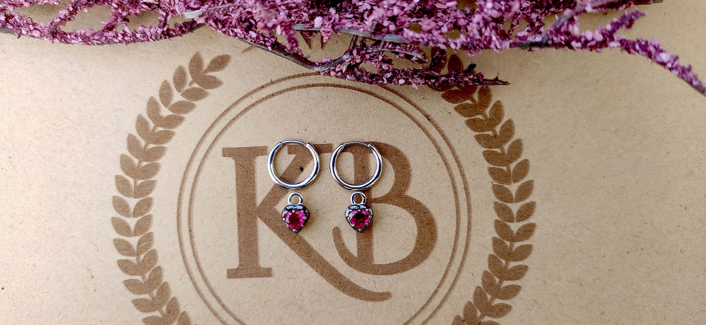 Heart Shaped Ruby button back Georgian cut down Gypset, Lab Ruby Hoops, statement earring, blackened gold earrings.