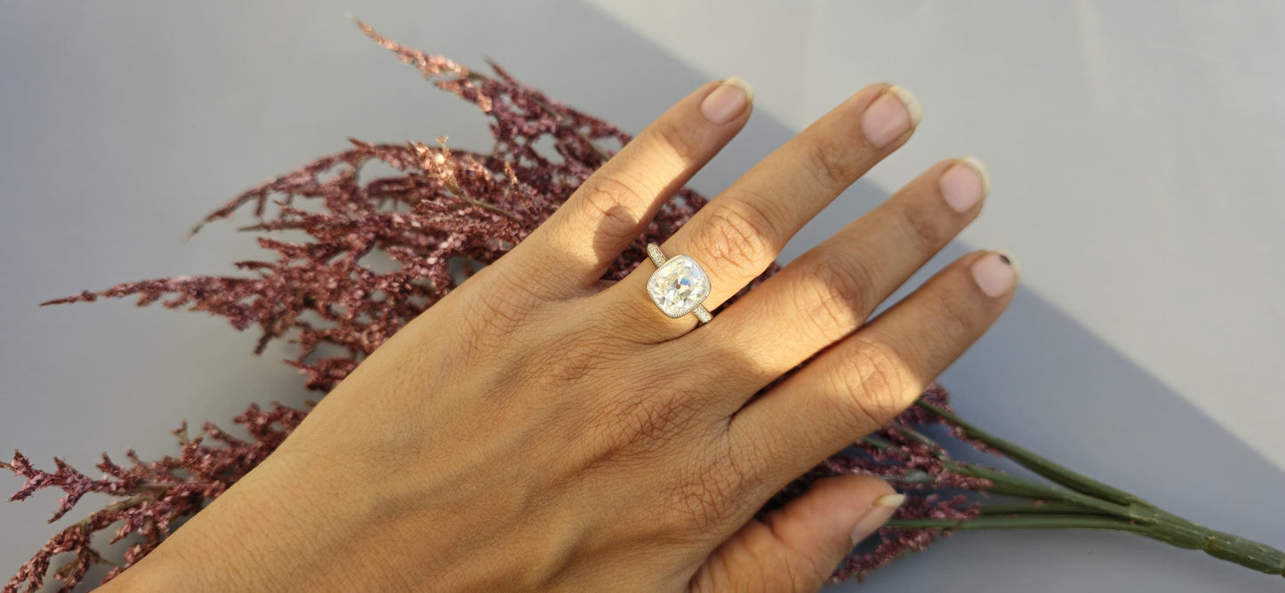 Elongated Old Mine Cushion Cut Bezel set Moissanite Engagement Ring, Tulip Flower basket Vintage Ring