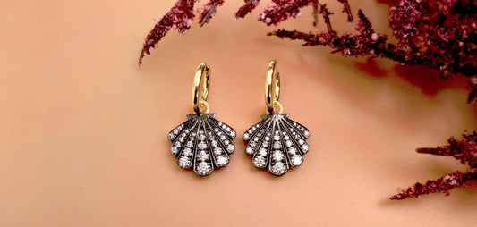 Lab grown diamond Shell shaped Georgian cut down button back set earrings, Huggie for women, earrings for women