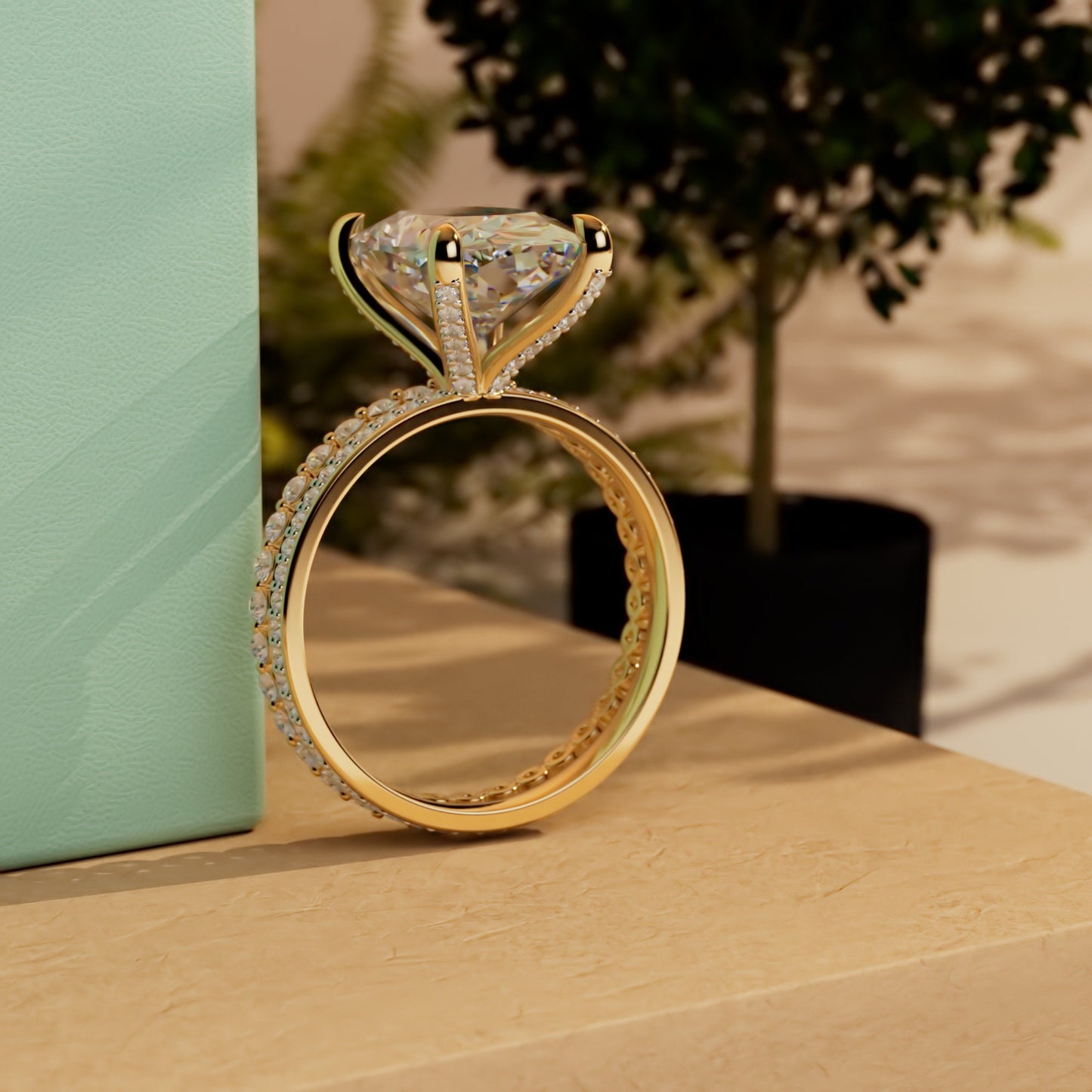 Elongated Cushion Cut Pave Basket Moissanite Engagement Ring, Wedding Bridal Set, Anniversary gift for wife, Ring for women