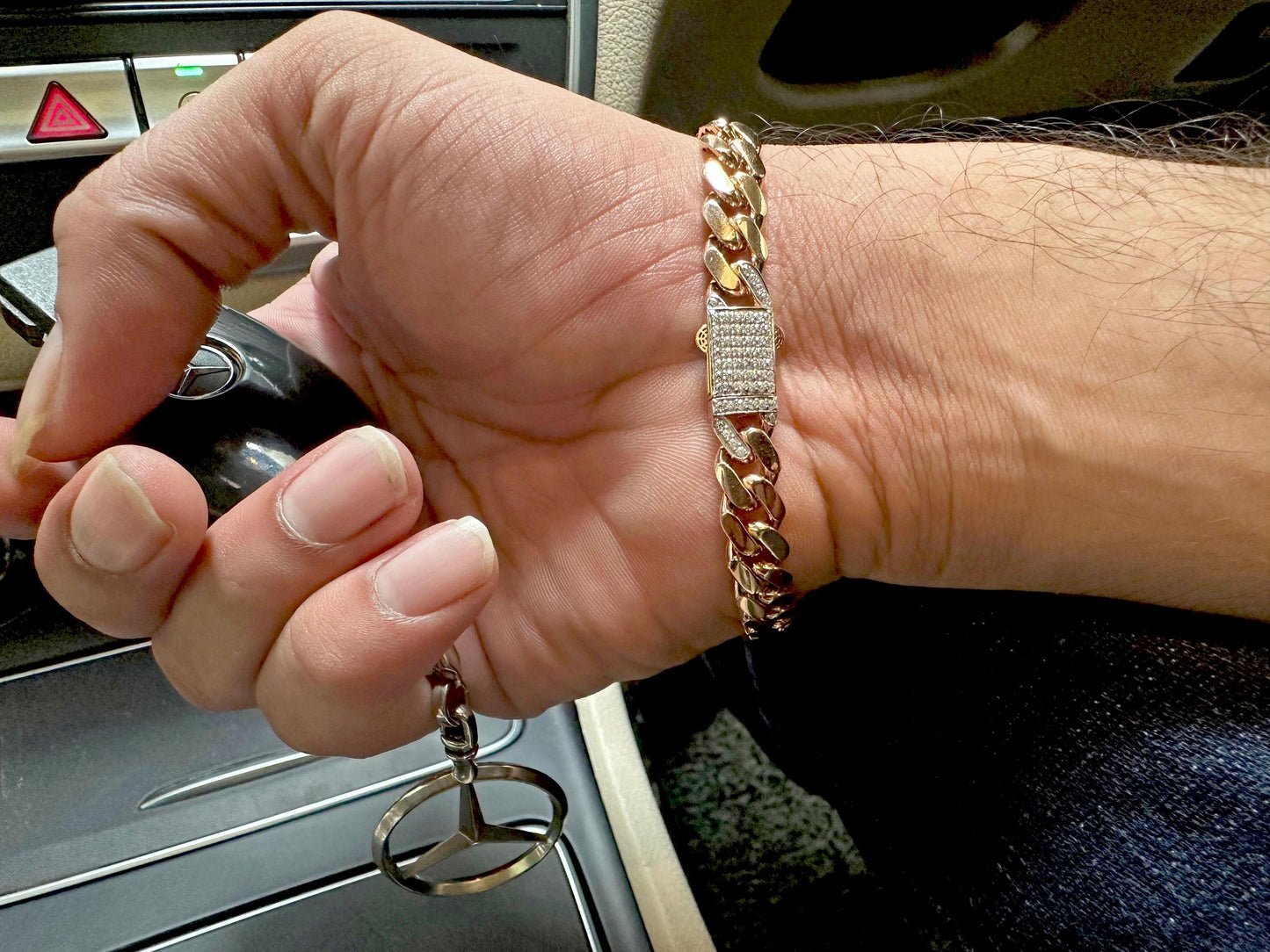 10 mm hollow Cuban link bracelet for men in 14k rose gold , with moissanite in lock, bracelet for him, for men, gift for son brother .