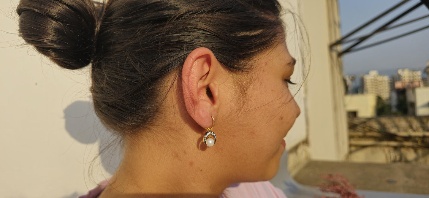 Half moon Moissanite button back Georgian cut down Huggie,2 in 1  statement earring, blackened gold earrings.