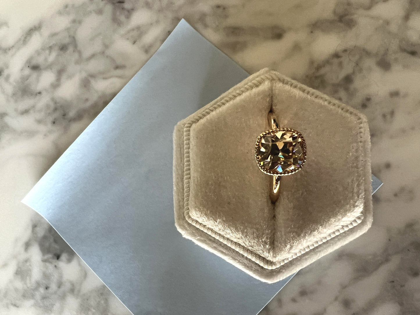 Old Mine Elongated Champagne Color Cushion Cut Milgrain Bezel with lattice setting Moissanite Engagement Ring with\without shoulders