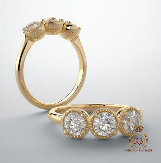 3 Stone Round Bezel Milgrain Set Moissanite Engagement ring, Proposal ring, Vintage low profile set ring, ring for her, gift for women.