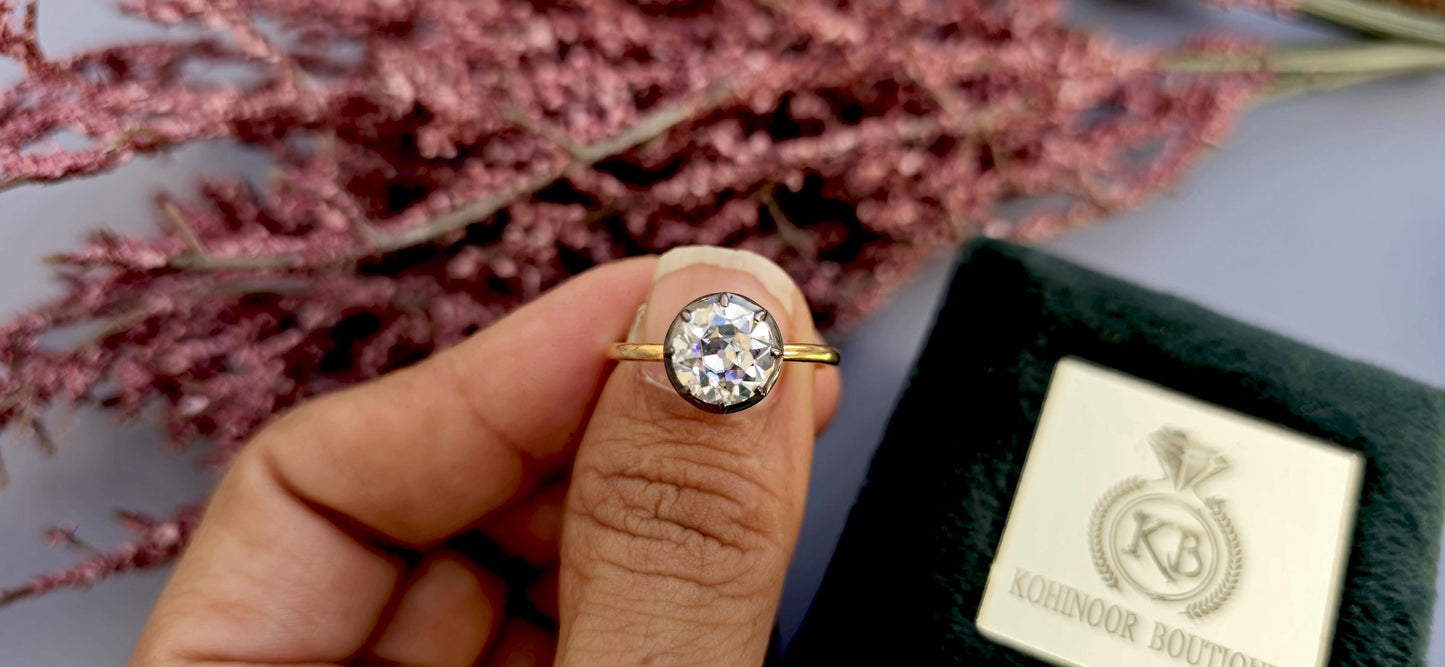Old European Cut OEC Round Button Back Georgian Cut Down Set blackened gold Moissanite Solitaire Engagement ring